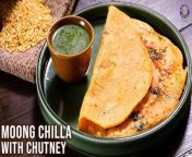 Indian Breakfast Recipe &#124; How To Make Moong Dal Cheela &#124; Moonglet Recipe &#124; Instant Dosa &#124; Instant Batter For Dosa &#124; Veg Cheela &#124; Veg Chilla Recipe &#124; Moong Chilla Recipe &#124; High protein Breakfast &#124; Moong Bean Recipes &#124; Moong Dal Recipes &#124; Moong Dal Pancakes &#124; Variety of Chilla Recipe &#124; Instant Chilla Recipe &#124; Rajshri Food &#60;br/&#62;&#60;br/&#62;Moong Chilla with Chutney Ingredients:&#60;br/&#62;1 cup of Washed Moong Dal&#60;br/&#62;1 cup of Water&#60;br/&#62;2 Green Chillies&#60;br/&#62;1 inch of Ginger&#60;br/&#62;1 tsp Haldi or Turmeric powder,&#60;br/&#62;1 tsp Salt,&#60;br/&#62;1 tsp Red Chilli Powder&#60;br/&#62;Oil&#60;br/&#62;Ghee &#60;br/&#62;Chaat Masala&#60;br/&#62;Coriander Leaves (Chopped)&#60;br/&#62;Red Chilli Powder.&#60;br/&#62;&#60;br/&#62;For Green Chutney&#60;br/&#62; 2 cups of coriander leaves, &#60;br/&#62;2 garlic cloves&#60;br/&#62;2 green chillies&#60;br/&#62;1 inch of ginger (sliced)&#60;br/&#62;1 tsp of Chaat Masala&#60;br/&#62;1 tsp of Salt&#60;br/&#62;1 tbsp of Lemon Juice,&#60;br/&#62;2 tbsp of water